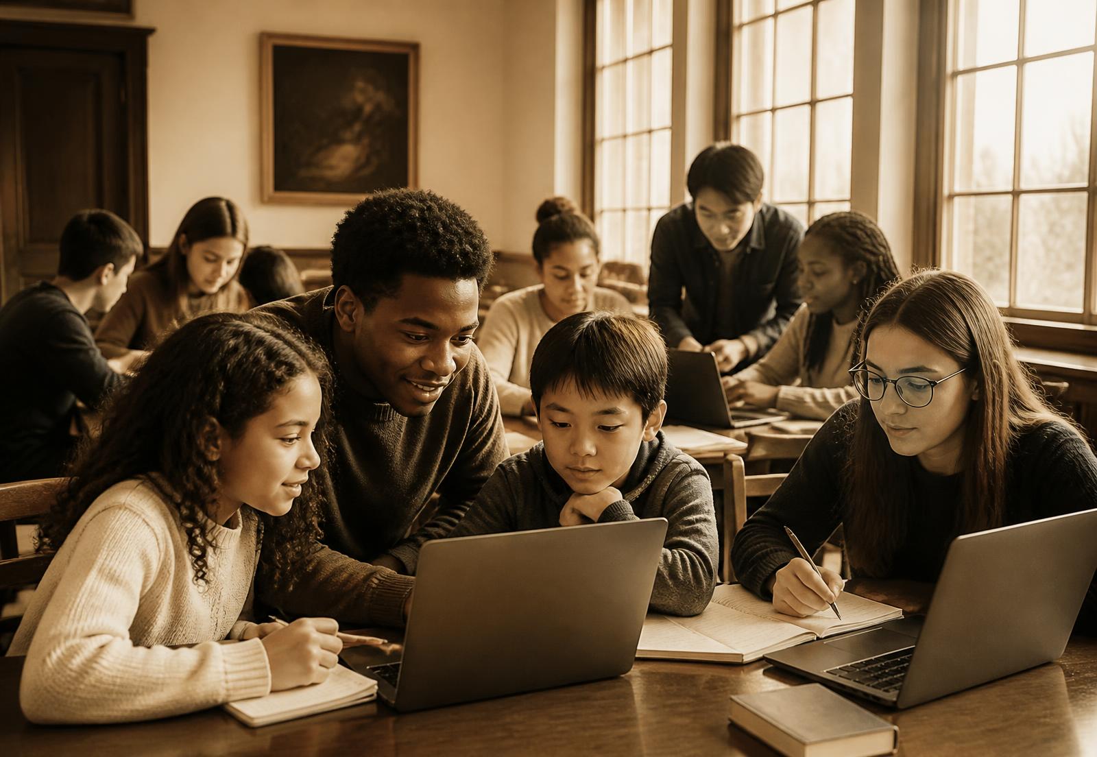 Students of several ages studying together with laptops and notebooks in a sunlit classroom